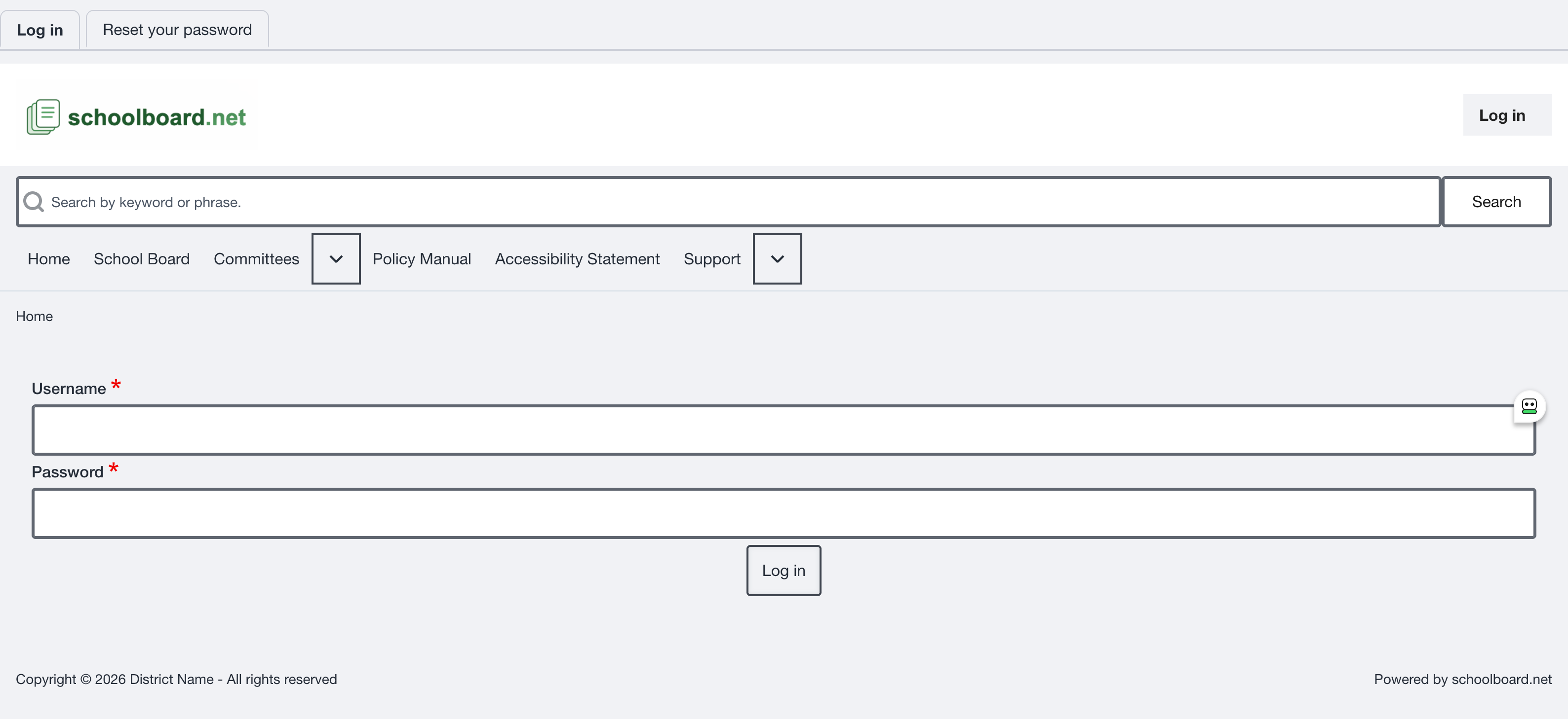 Board Member login form with username and password fields.