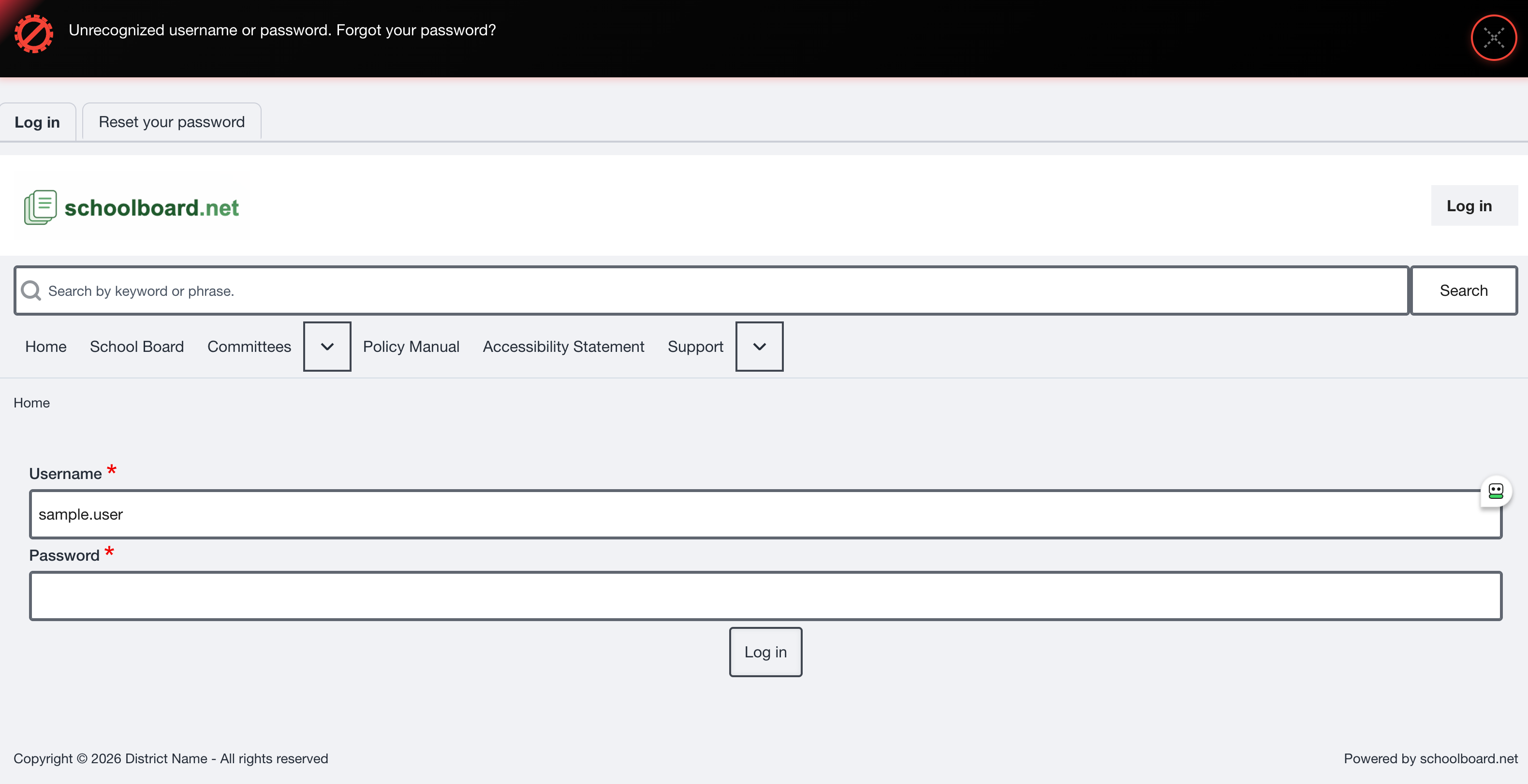 Login form displaying an unsuccessful sign-in message.