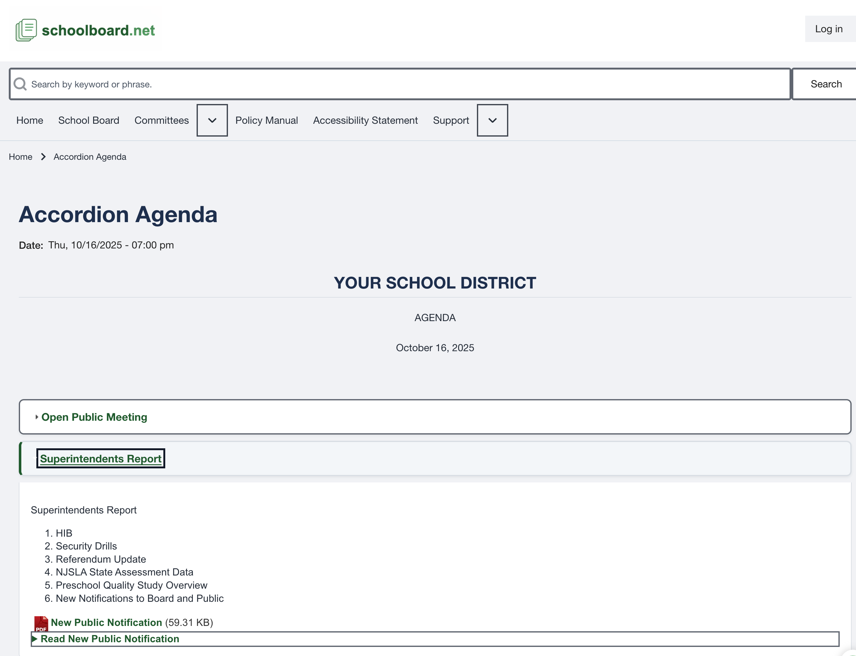 Public file and public expandable HTML displayed within an agenda item for a signed-out visitor.