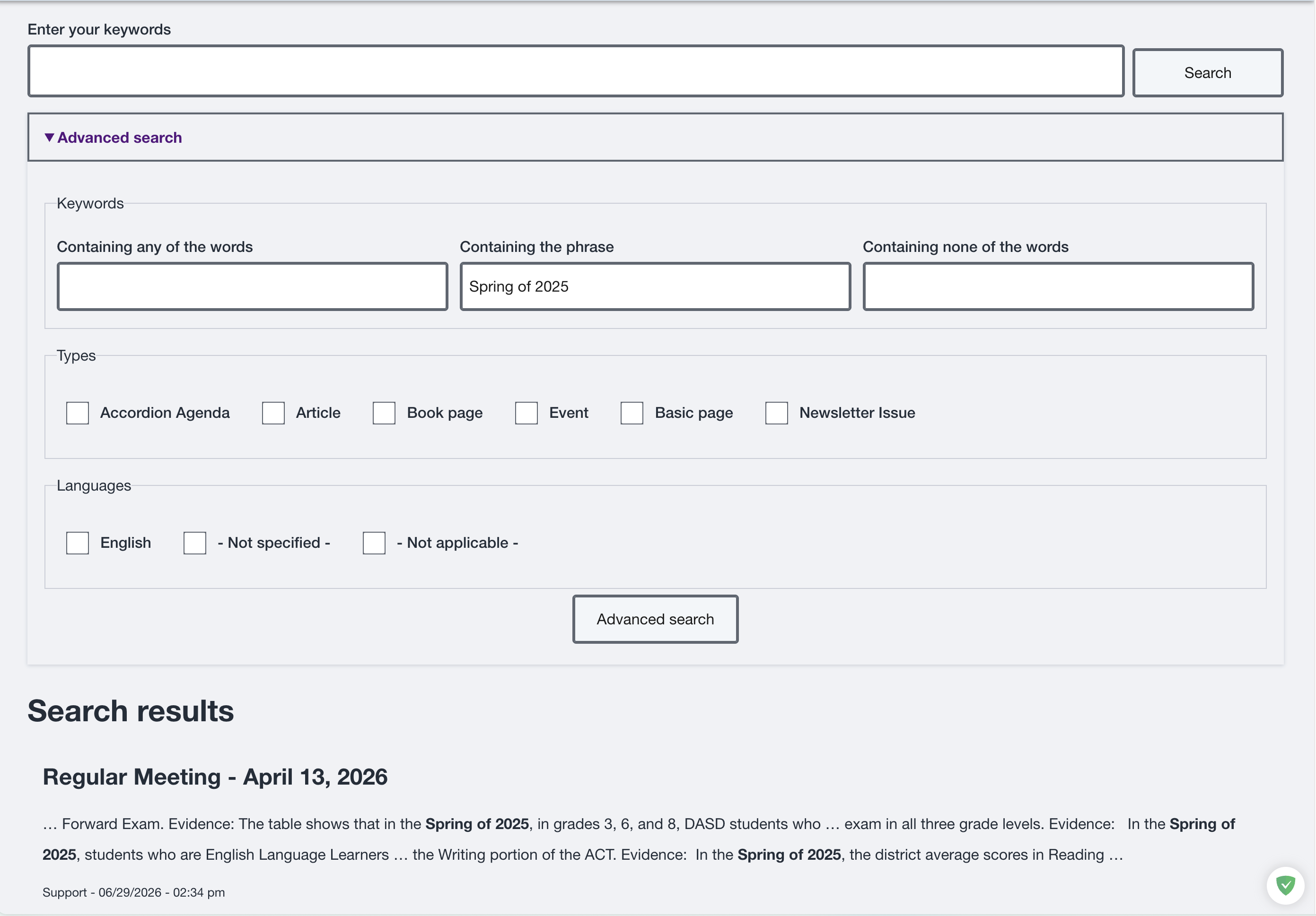 Site search form and results for an entered phrase.