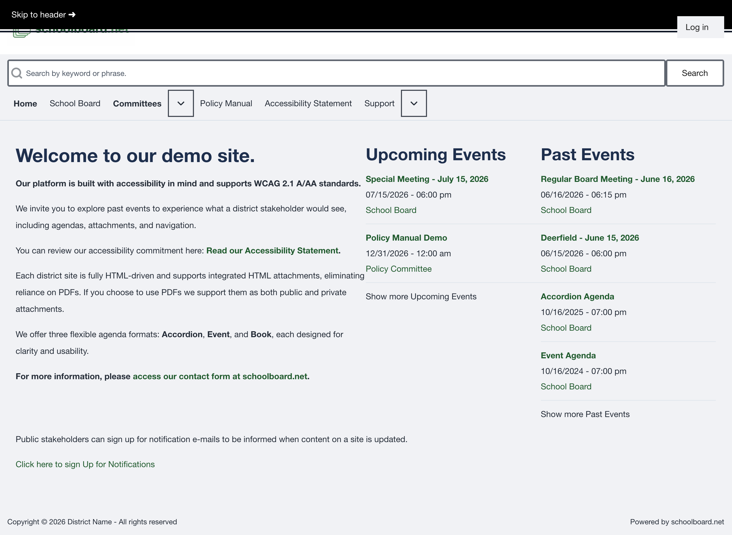 Skip to header link visible at the top of the district home page during keyboard navigation.