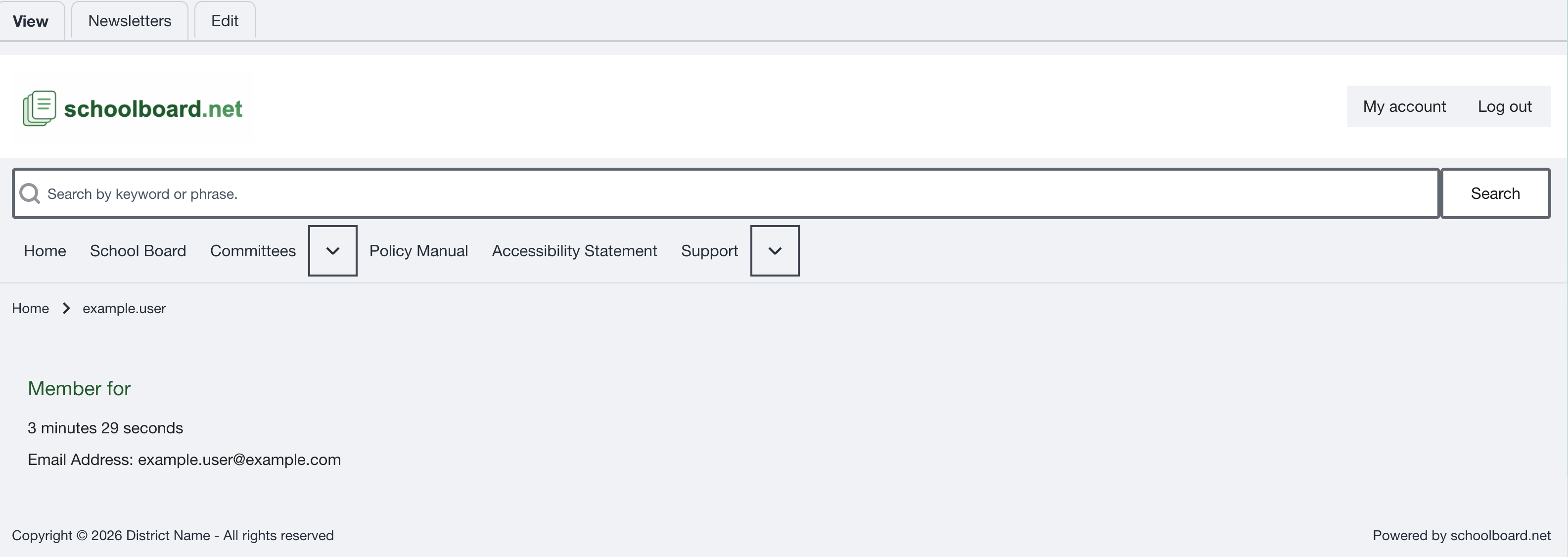 Signed-in My Account page with View, Newsletters, and Edit tabs and an account summary.